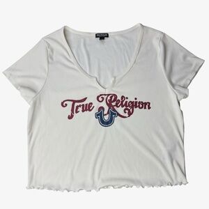 True Religion Women’s Ribbed Logo Baby T-Shirt Short Sleeve Crop Top, Cream, XL